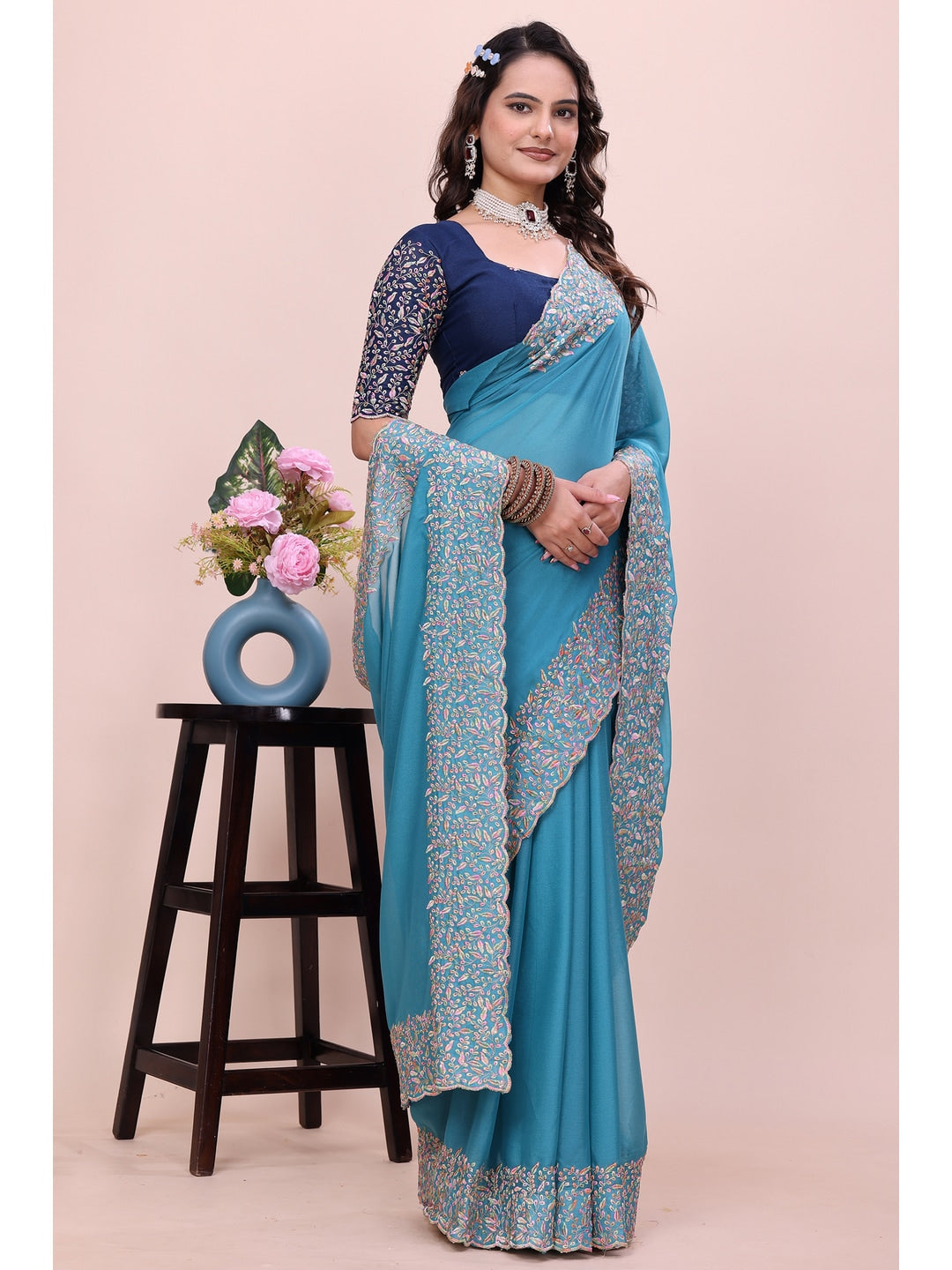Peachmode Turquoise Thread Work Star Georgette Saree - Image 1