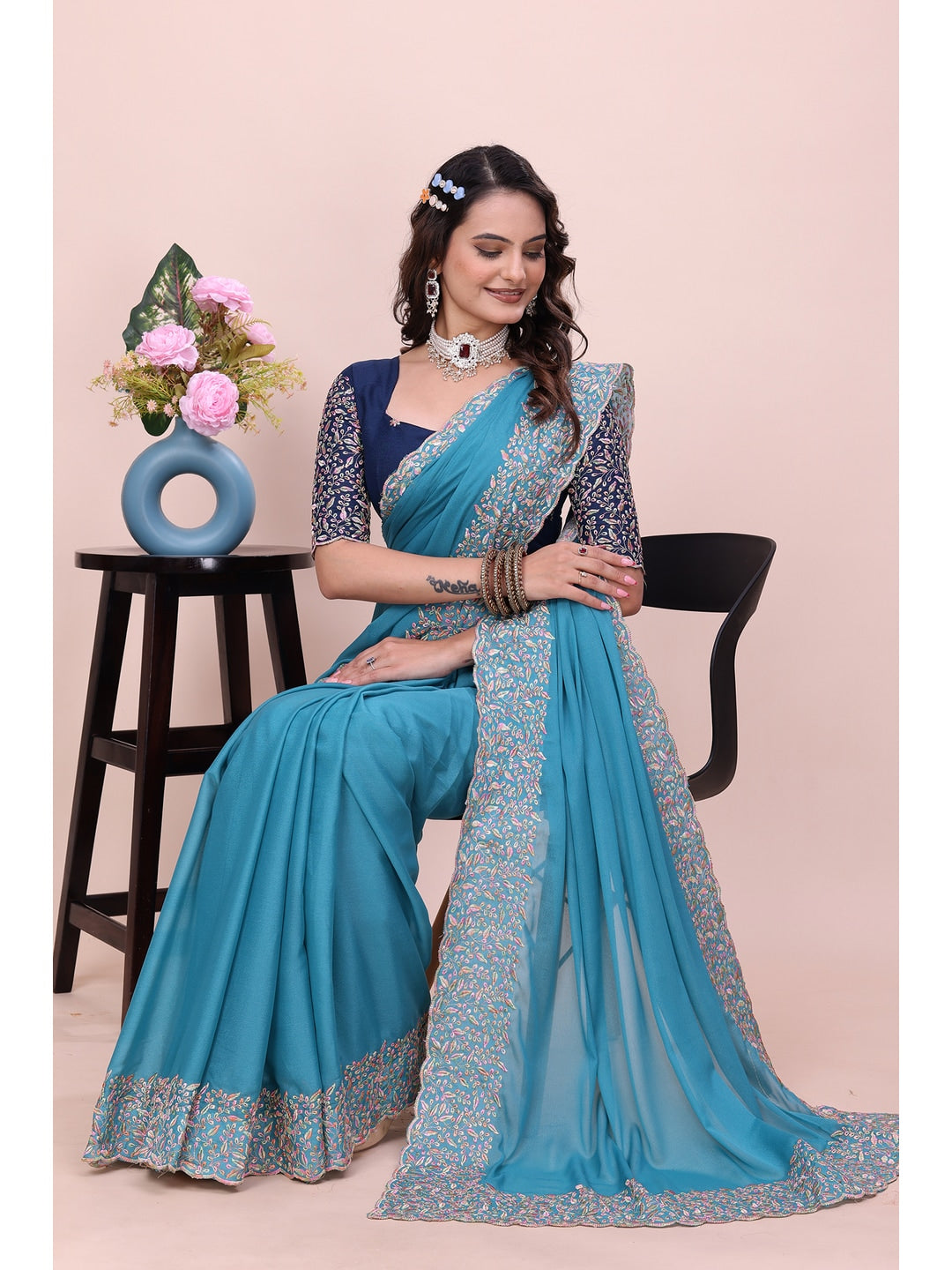 Peachmode Turquoise Thread Work Star Georgette Saree - Image 2