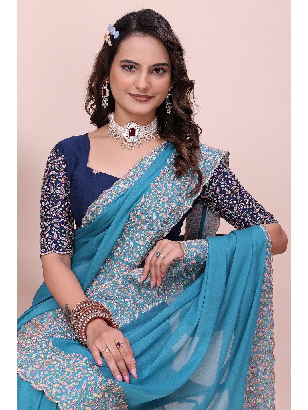 Peachmode Turquoise Thread Work Star Georgette Saree - Image 3