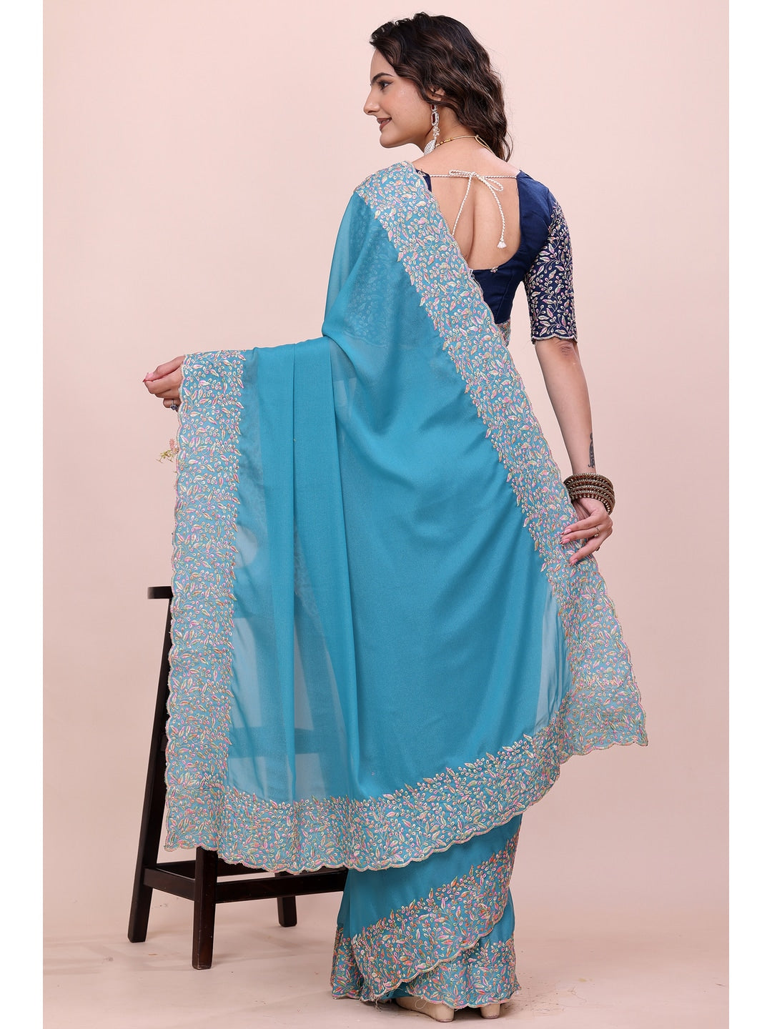 Peachmode Turquoise Thread Work Star Georgette Saree - Image 4
