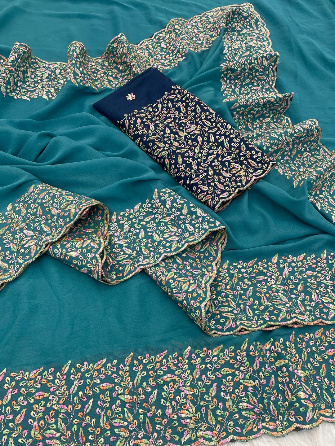 Peachmode Turquoise Thread Work Star Georgette Saree - Image 5