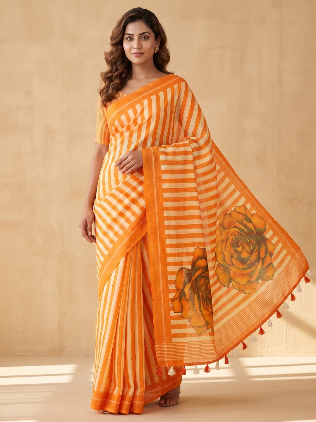Peachmode Orange Striped Linen Saree With Zari Border - Image 1