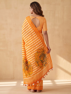 Peachmode Orange Striped Linen Saree With Zari Border - Image 2
