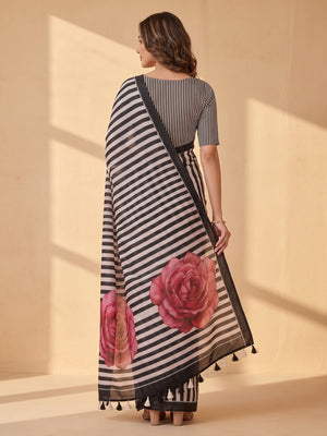 Peachmode Black Striped Linen Saree With Zari Border - Image 2
