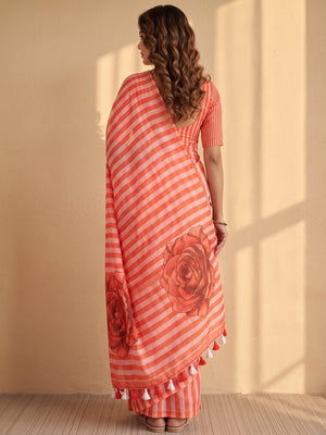 Peachmode Red Striped Linen Saree With Zari Border - Image 2