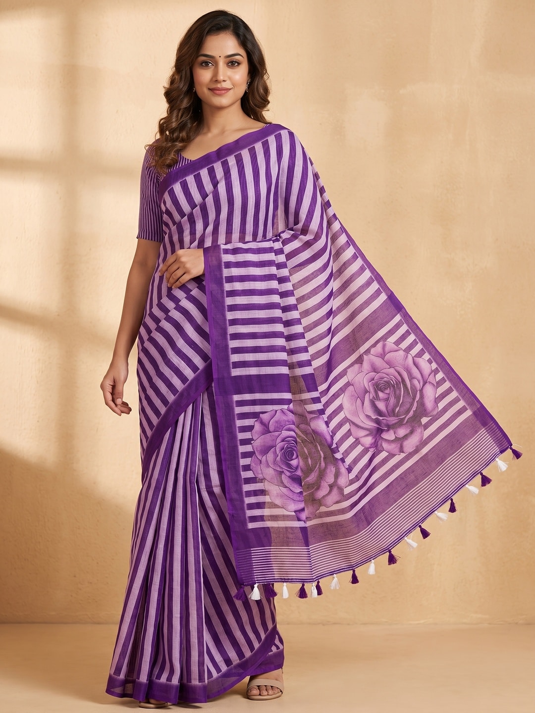 Peachmode Purple Striped Linen Saree With Zari Border - Image 1