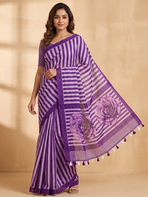 Peachmode Purple Striped Linen Saree With Zari Border - Image 1