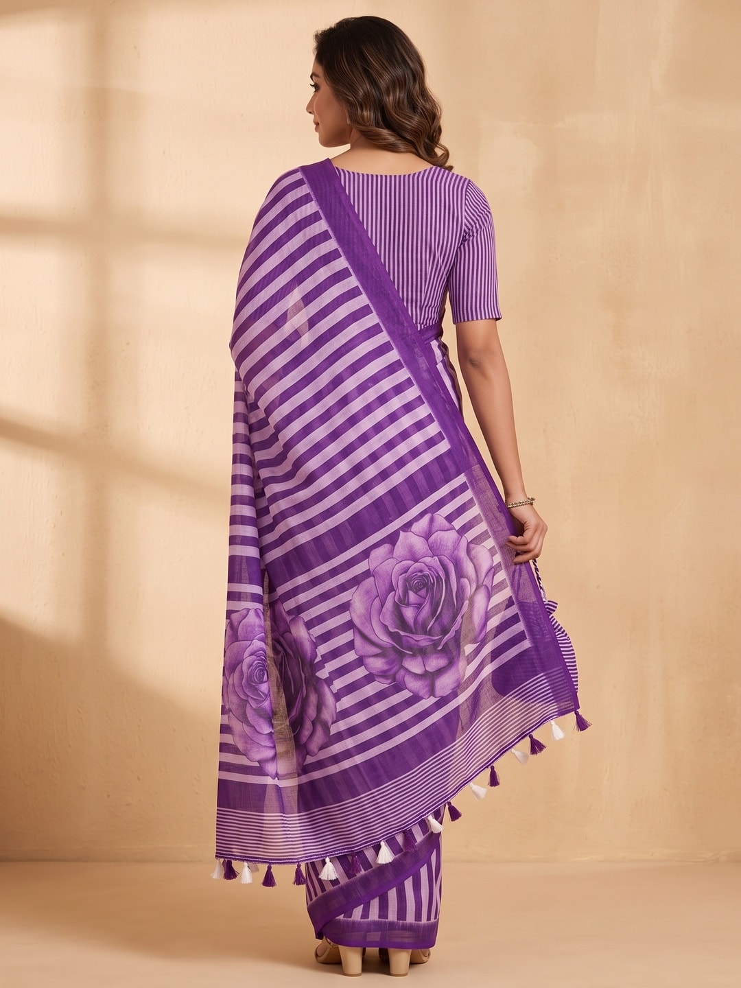 Peachmode Purple Striped Linen Saree With Zari Border - Image 2