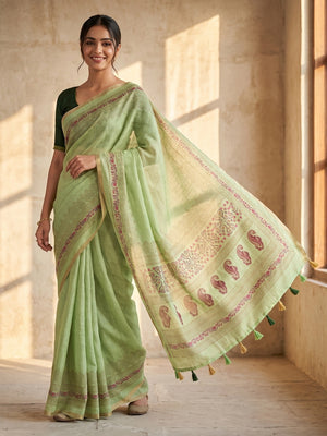 Peachmode Light Green Printed Linen Saree With Zari Border - Image 1
