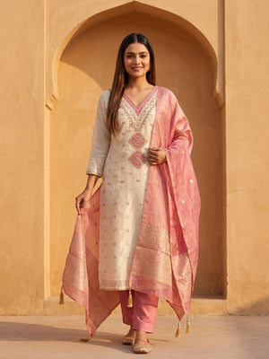 Peachmode Pink Butti Weaving Shimmer Unstitched Dress Material With V-Neck Thread And Cording Embroidery - Image 2