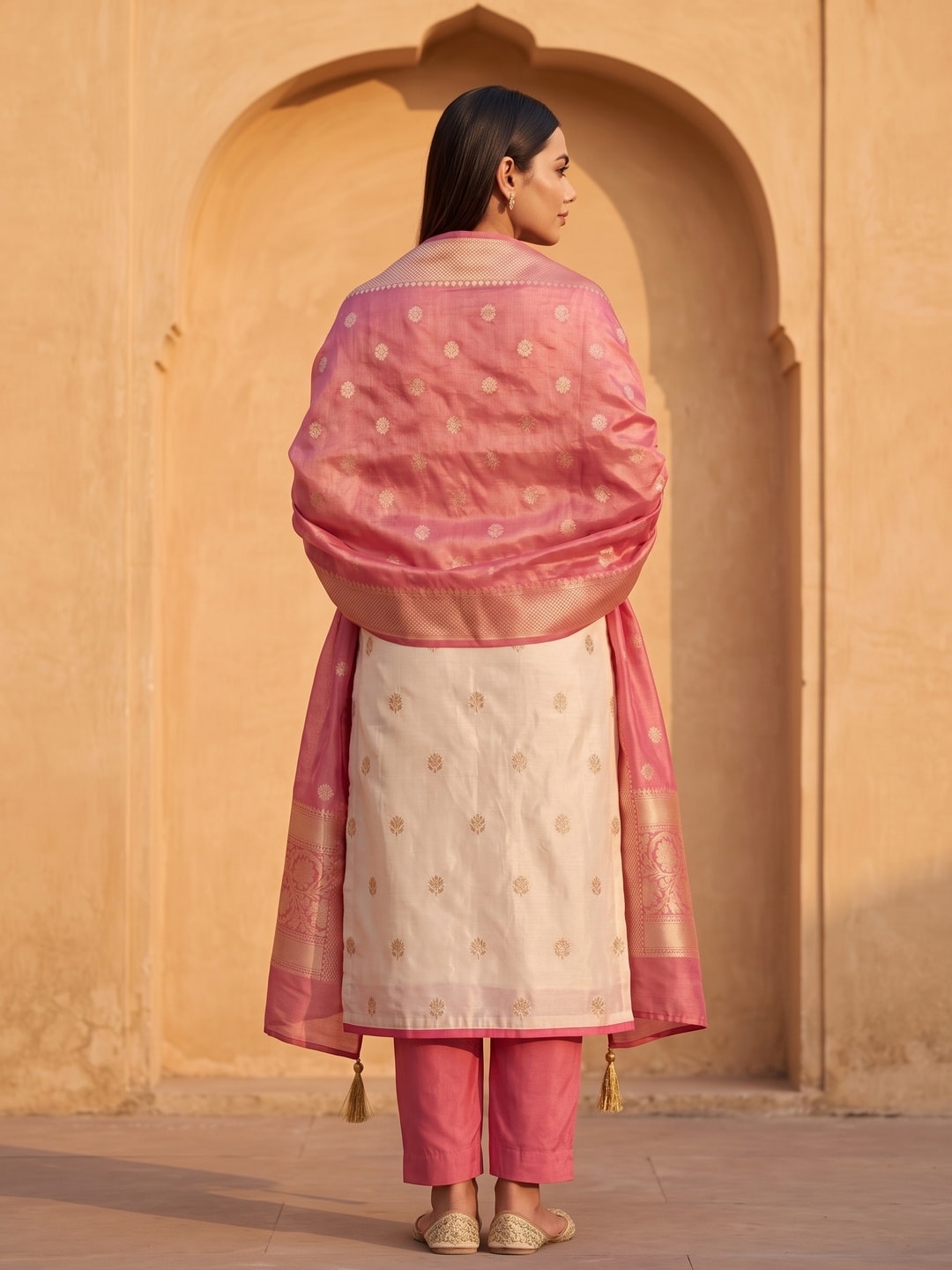 Peachmode Pink Butti Weaving Shimmer Unstitched Dress Material With V-Neck Thread And Cording Embroidery - Image 3