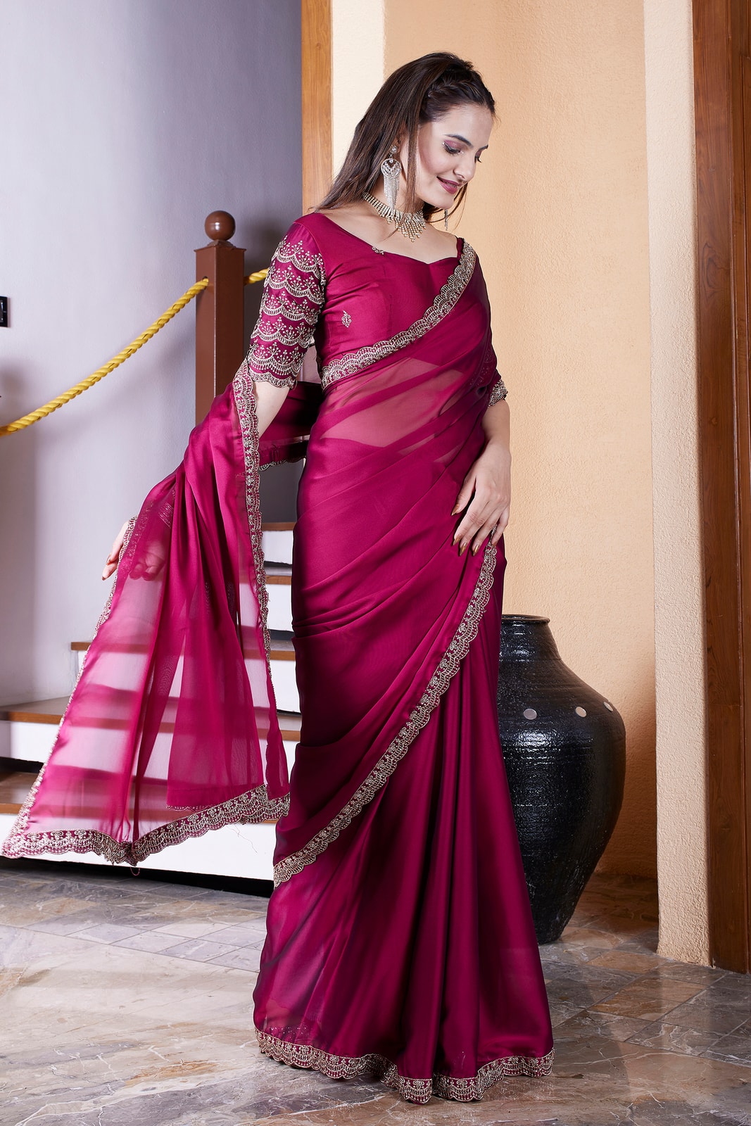Peachmode Magenta Embroidered Border Rangoli Silk Saree - Image 5