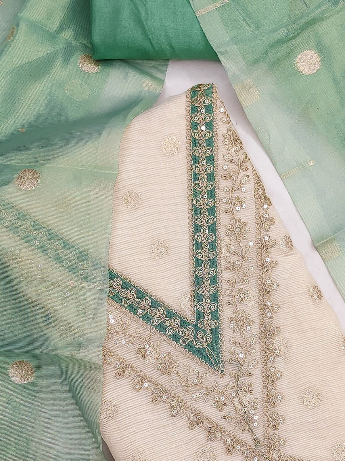 Peachmode Green Butti Weaving Shimmer Unstitched Dress Material With V-Neck Thread And Cording Embroidery - Image 5