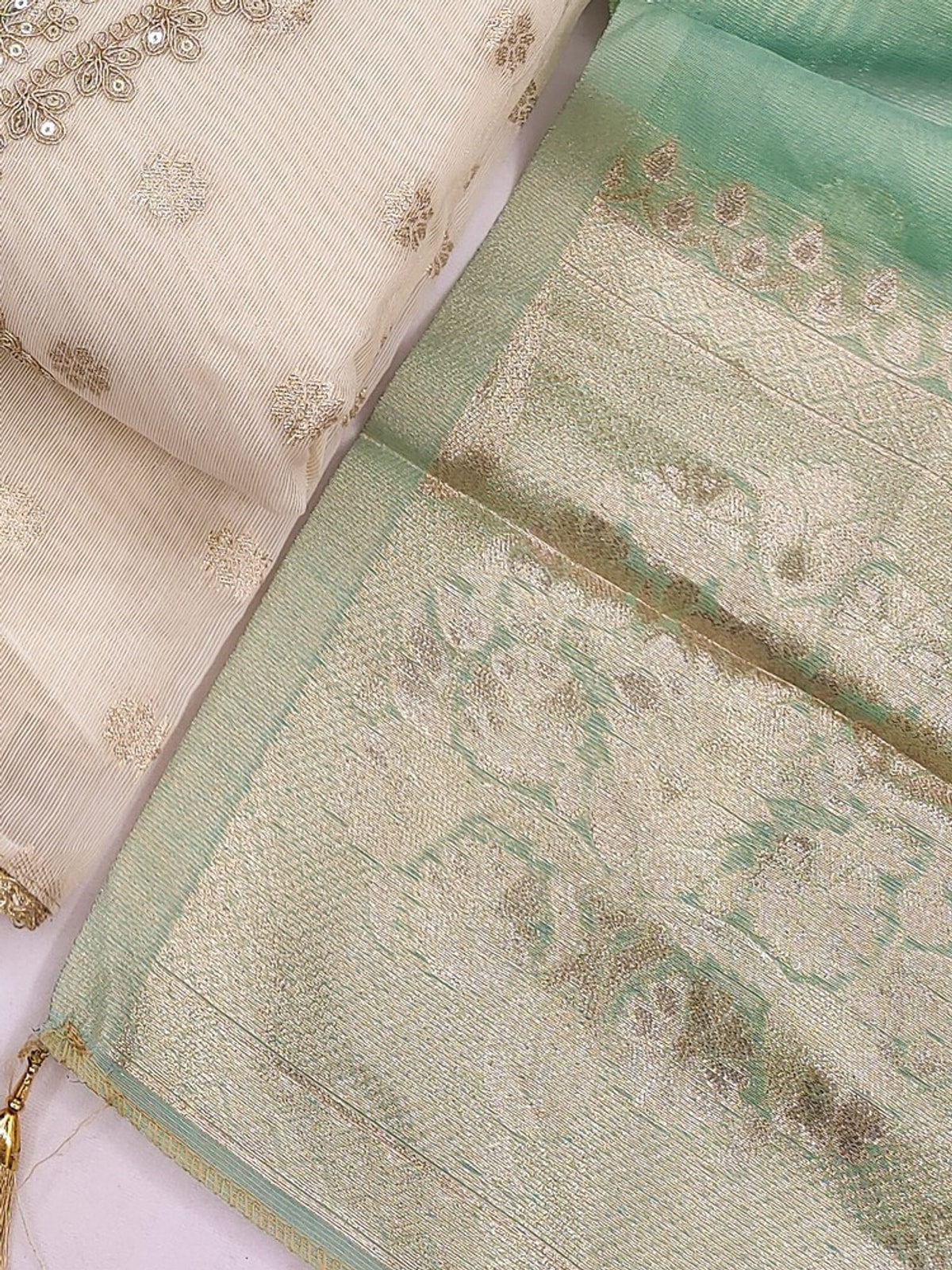 Peachmode Green Butti Weaving Shimmer Unstitched Dress Material With V-Neck Thread And Cording Embroidery - Image 6