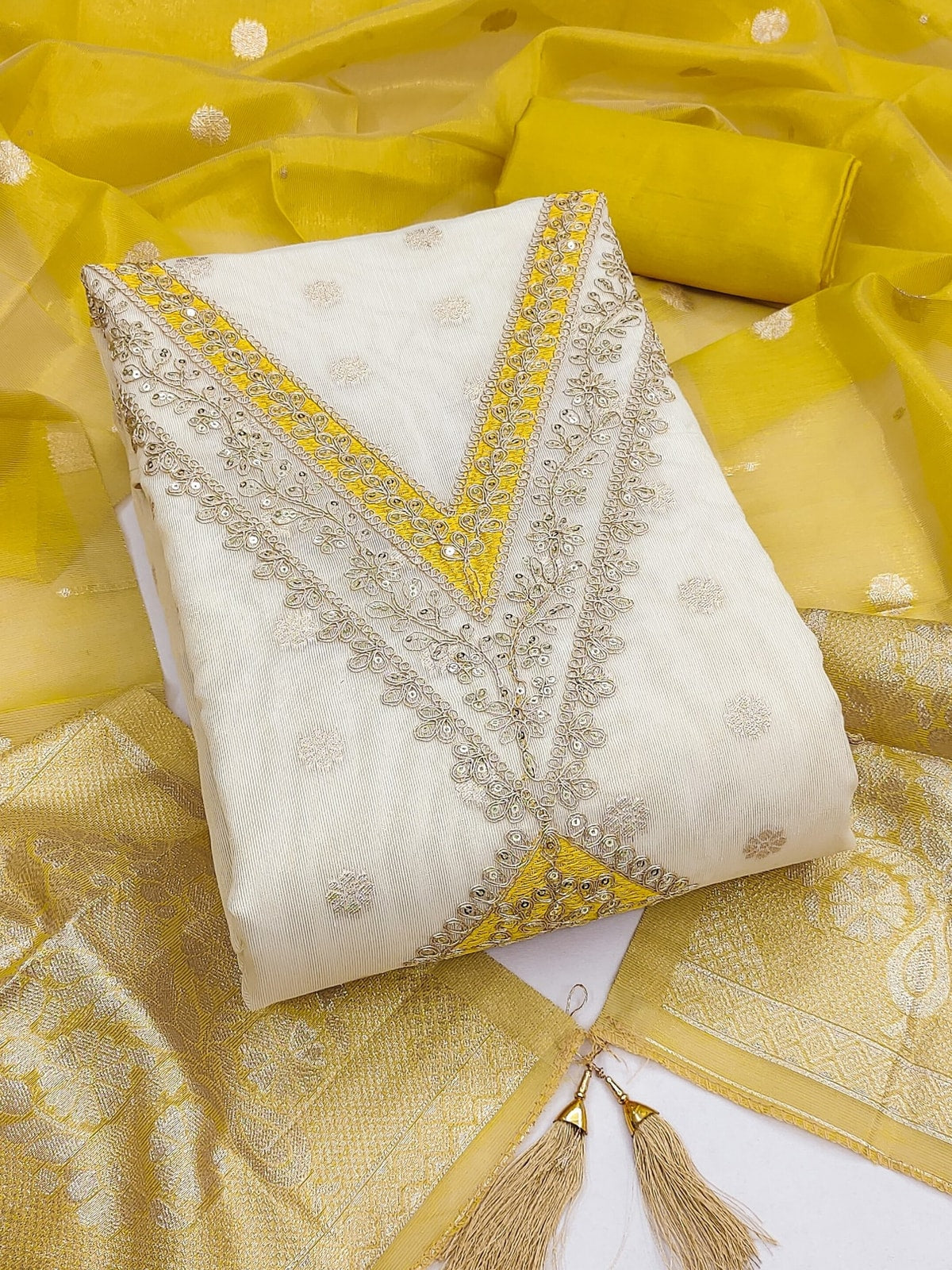Peachmode Mustard Butti Weaving Shimmer Unstitched Dress Material With V-Neck Thread And Cording Embroidery - Image 4