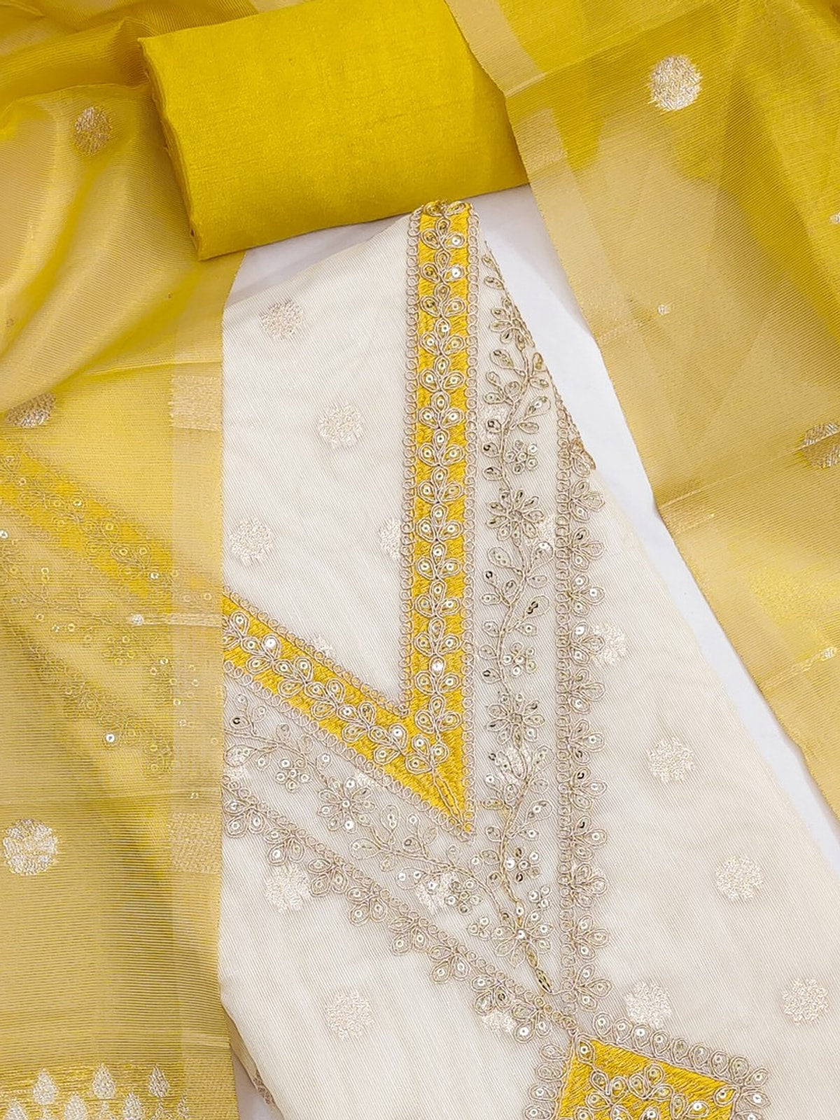 Peachmode Mustard Butti Weaving Shimmer Unstitched Dress Material With V-Neck Thread And Cording Embroidery - Image 5
