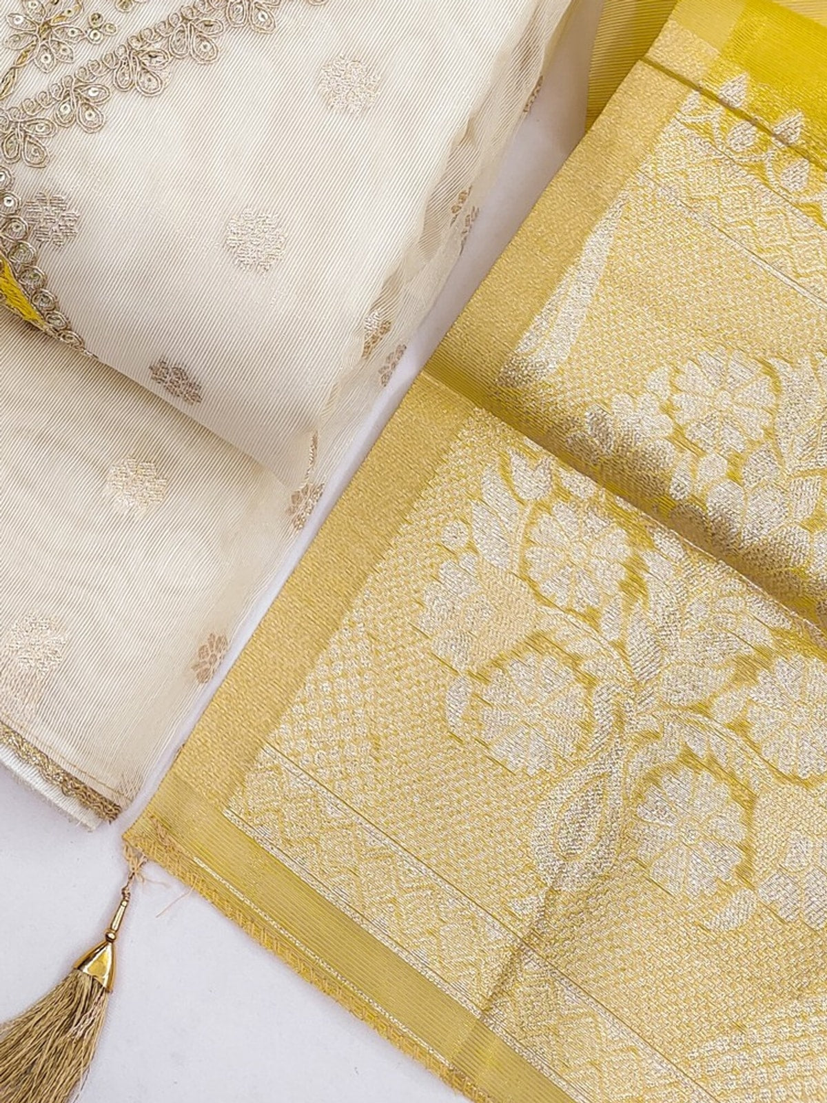 Peachmode Mustard Butti Weaving Shimmer Unstitched Dress Material With V-Neck Thread And Cording Embroidery - Image 6