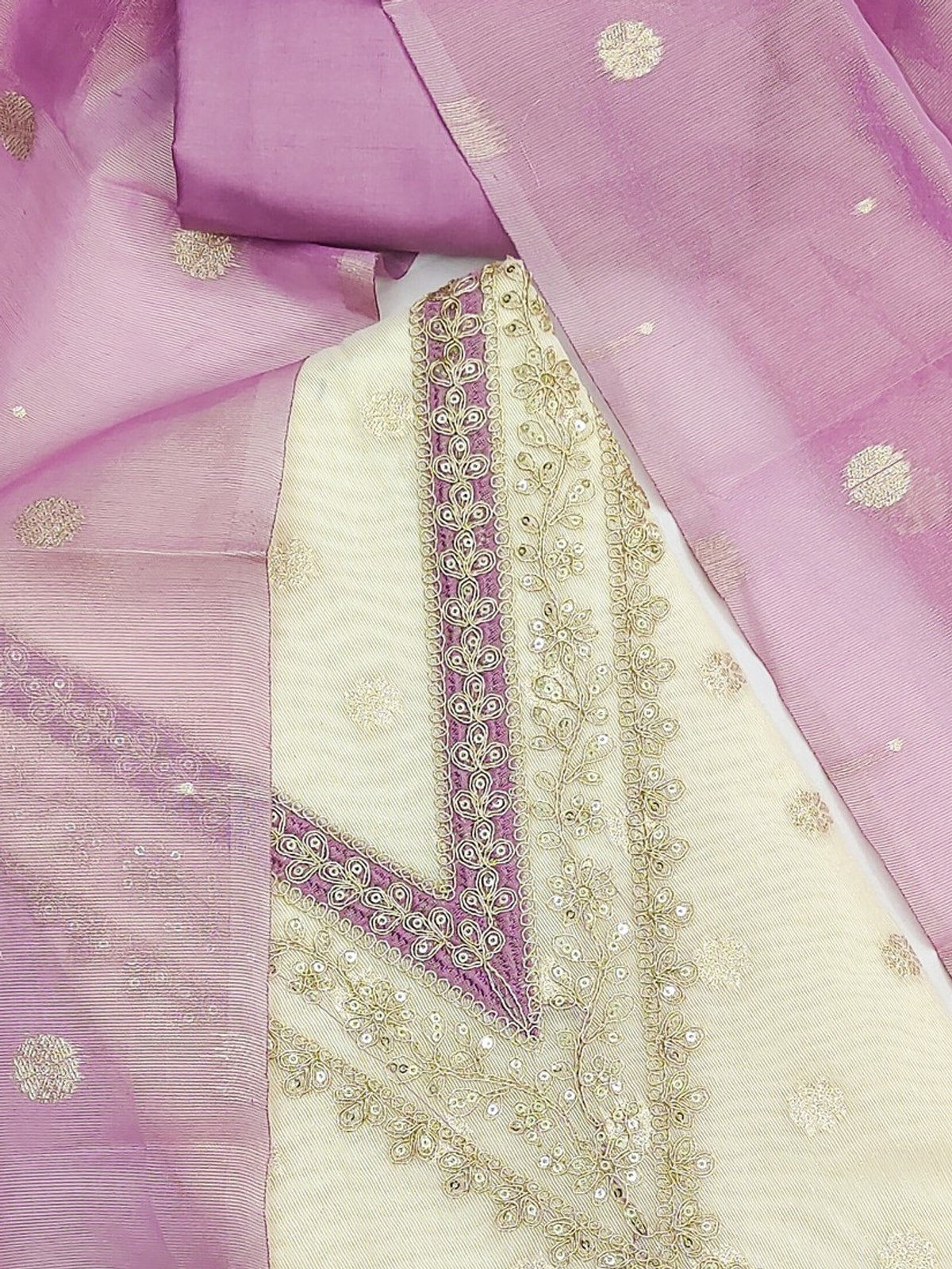 Peachmode Lavender Butti Weaving Shimmer Unstitched Dress Material With V-Neck Thread And Cording Embroidery - Image 5
