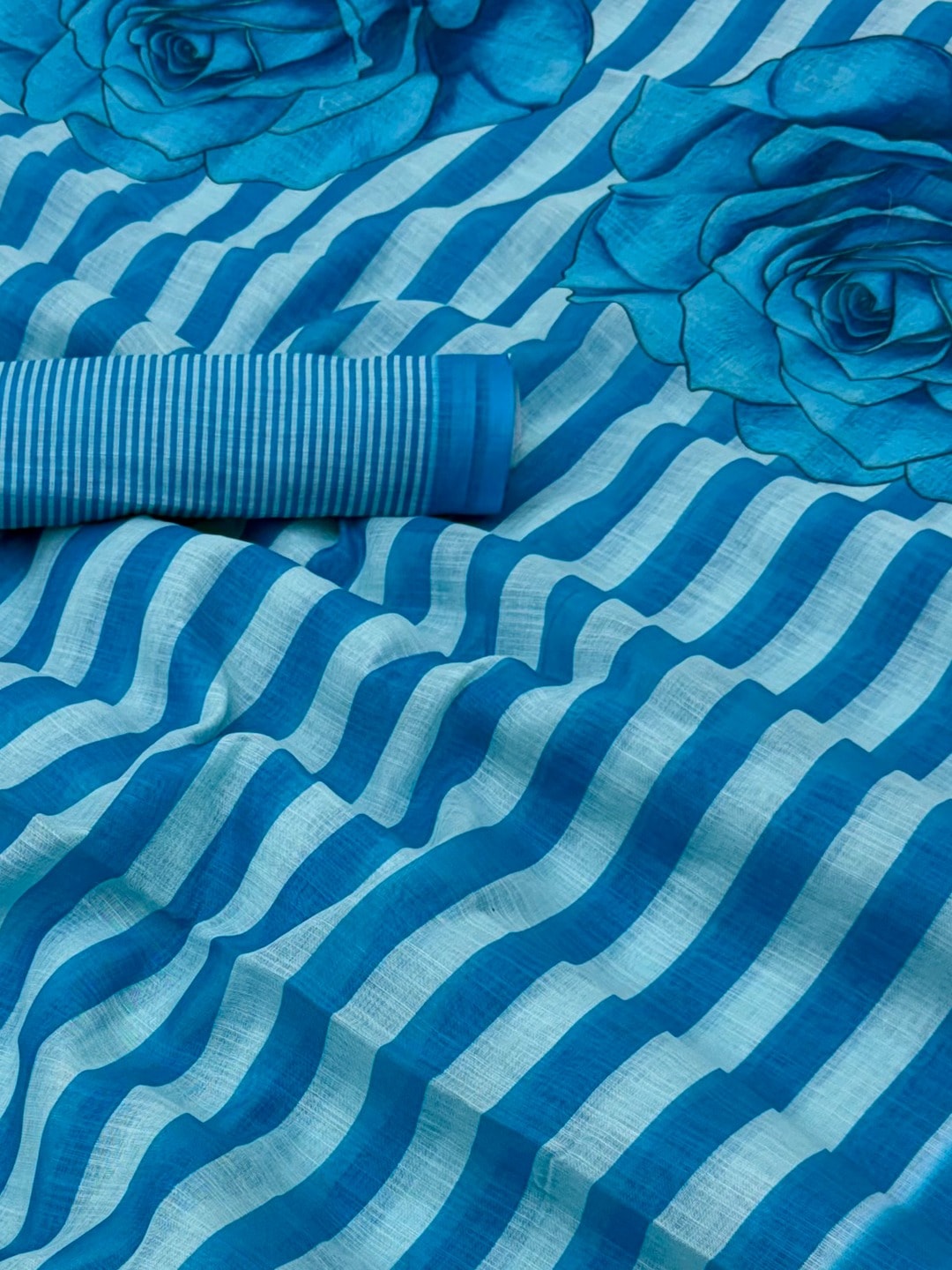 Peachmode Blue Striped Linen Saree With Zari Border - Image 3
