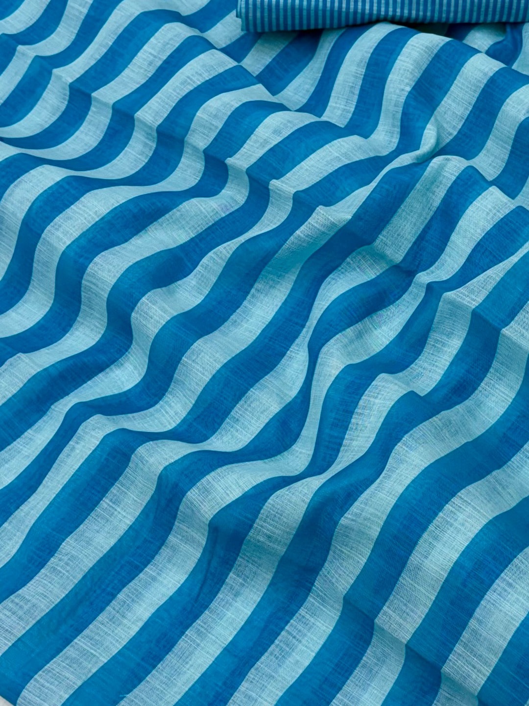 Peachmode Blue Striped Linen Saree With Zari Border - Image 4