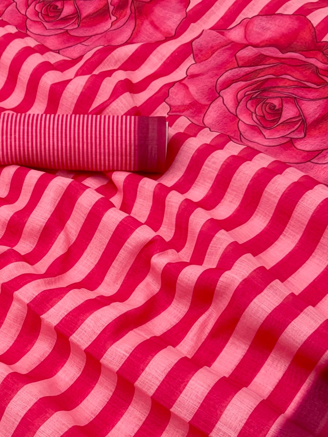 Peachmode Pink Striped Linen Saree With Zari Border - Image 3