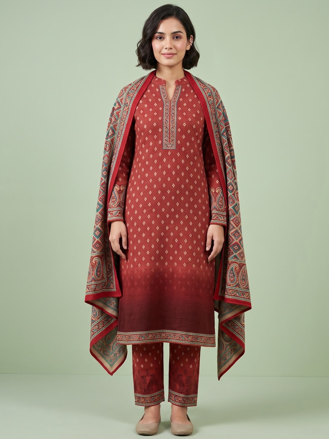 Peachmode Red Woolen Ombre Hem Salwar Suit With Printed Shawl - Image 1