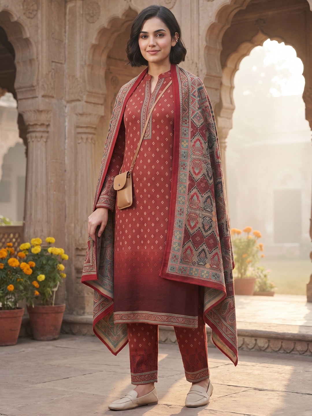Peachmode Red Woolen Ombre Hem Salwar Suit With Printed Shawl - Image 2