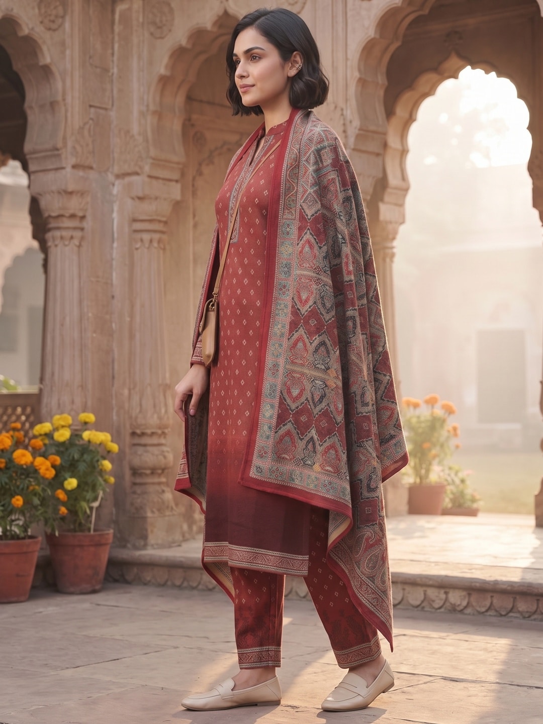 Peachmode Red Woolen Ombre Hem Salwar Suit With Printed Shawl - Image 3