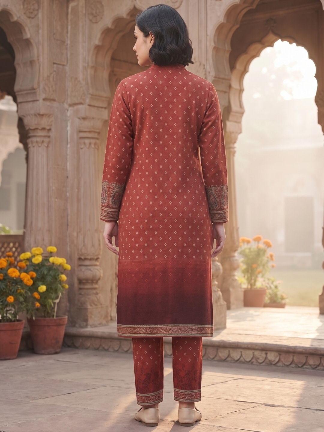 Peachmode Red Woolen Ombre Hem Salwar Suit With Printed Shawl - Image 4