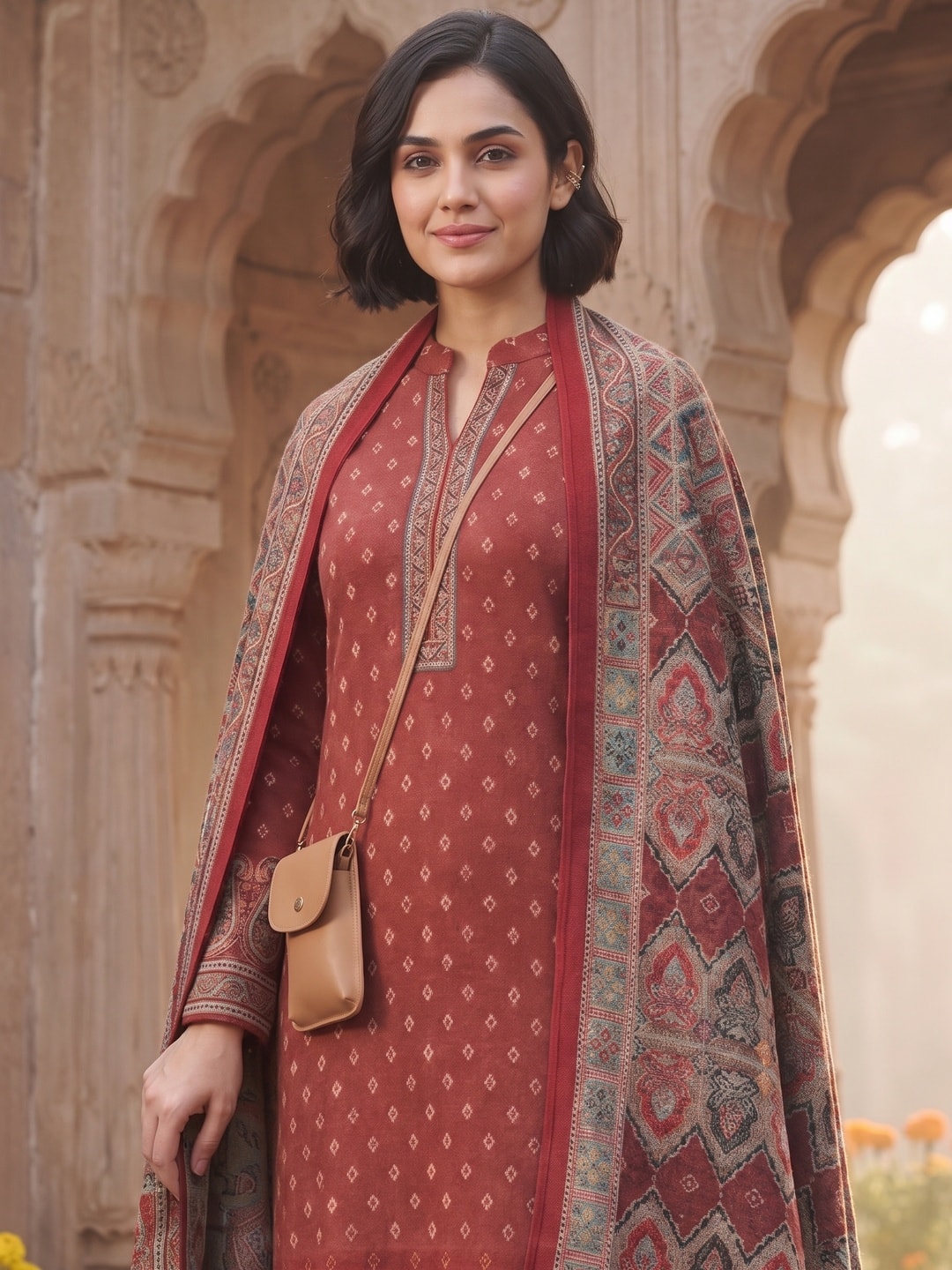 Peachmode Red Woolen Ombre Hem Salwar Suit With Printed Shawl - Image 5