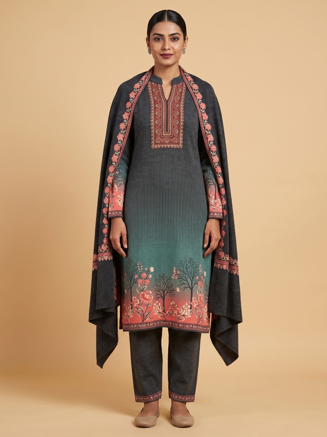 Peachmode Green Woolen Ombre Tree Print Salwar Suit With Shawl - Image 1