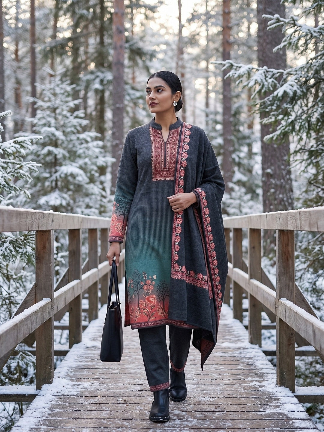 Peachmode Green Woolen Ombre Tree Print Salwar Suit With Shawl - Image 2