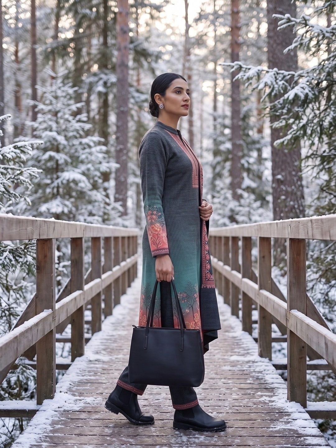 Peachmode Green Woolen Ombre Tree Print Salwar Suit With Shawl - Image 3