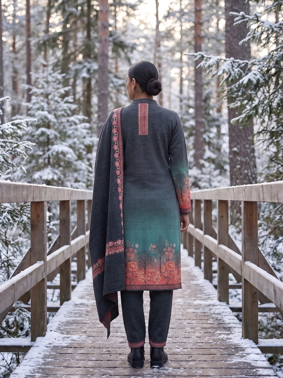 Peachmode Green Woolen Ombre Tree Print Salwar Suit With Shawl - Image 4