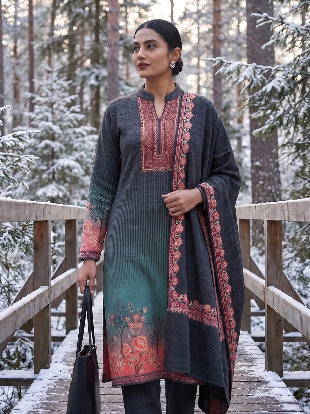 Peachmode Green Woolen Ombre Tree Print Salwar Suit With Shawl - Image 5