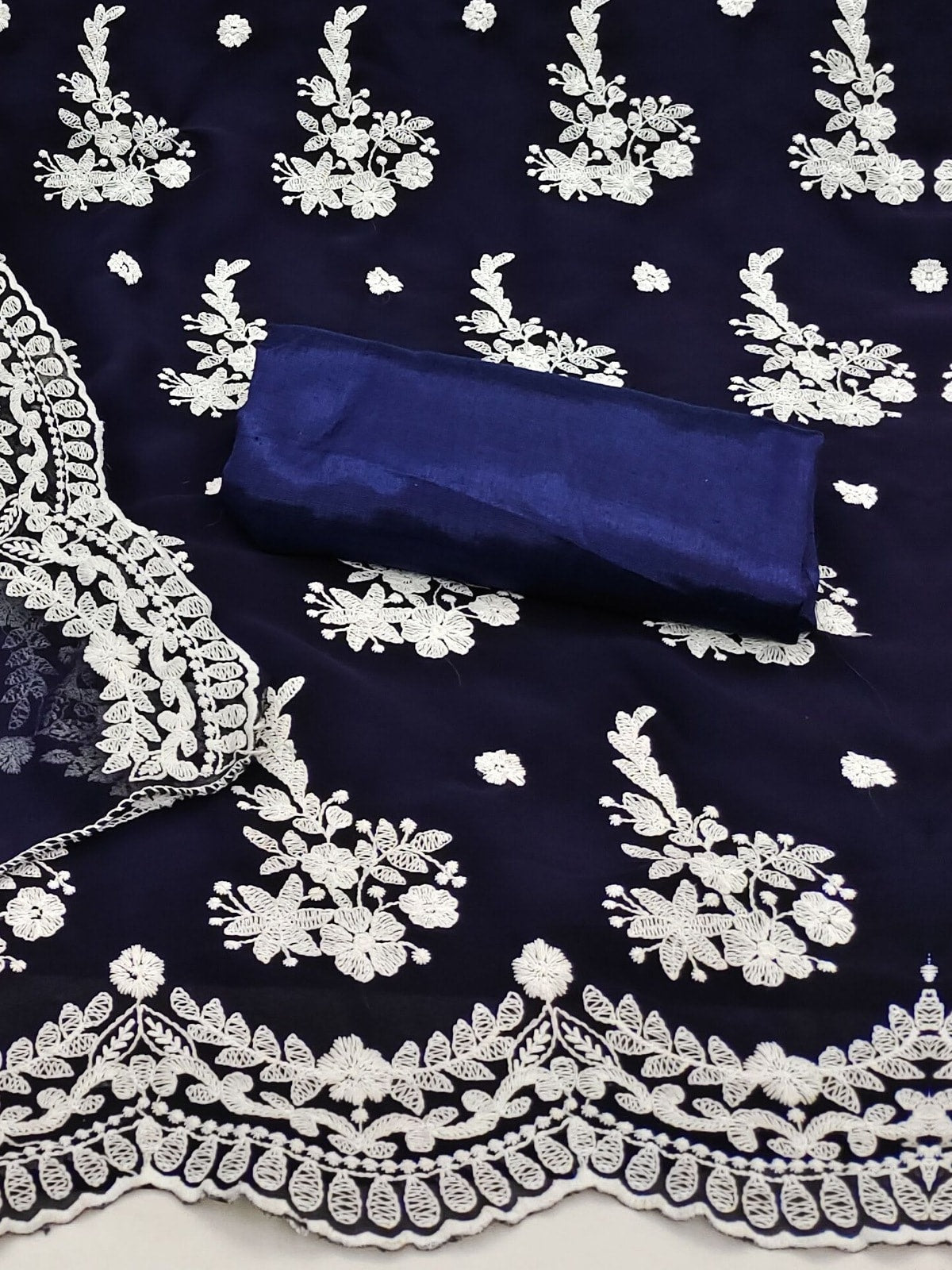 Peachmode Navy Blue Georgette Unstitched Dress Material With White Thread Embroidery - Image 4
