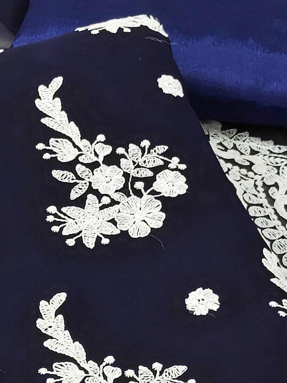 Peachmode Navy Blue Georgette Unstitched Dress Material With White Thread Embroidery - Image 5