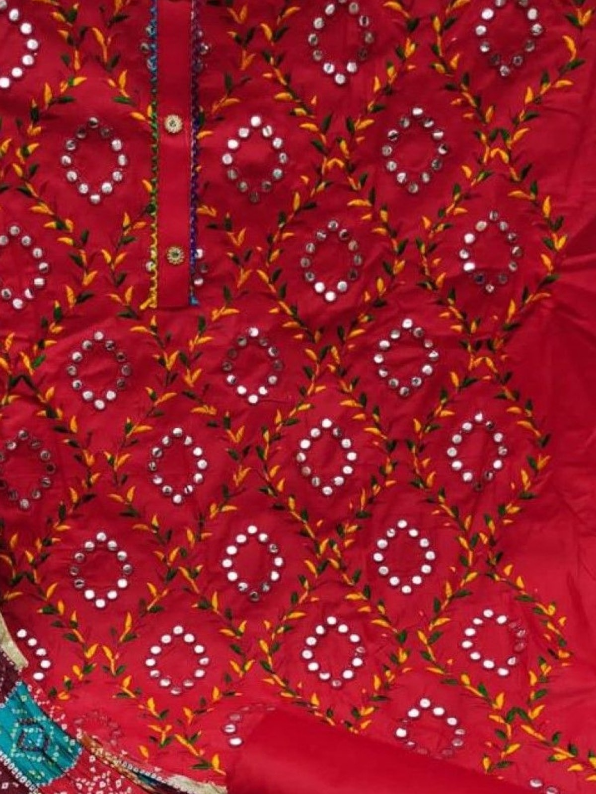Peachmode Red Cotton Unstitched Dress Material With Mirror Work And Bandhani Print Dupatta - Image 4