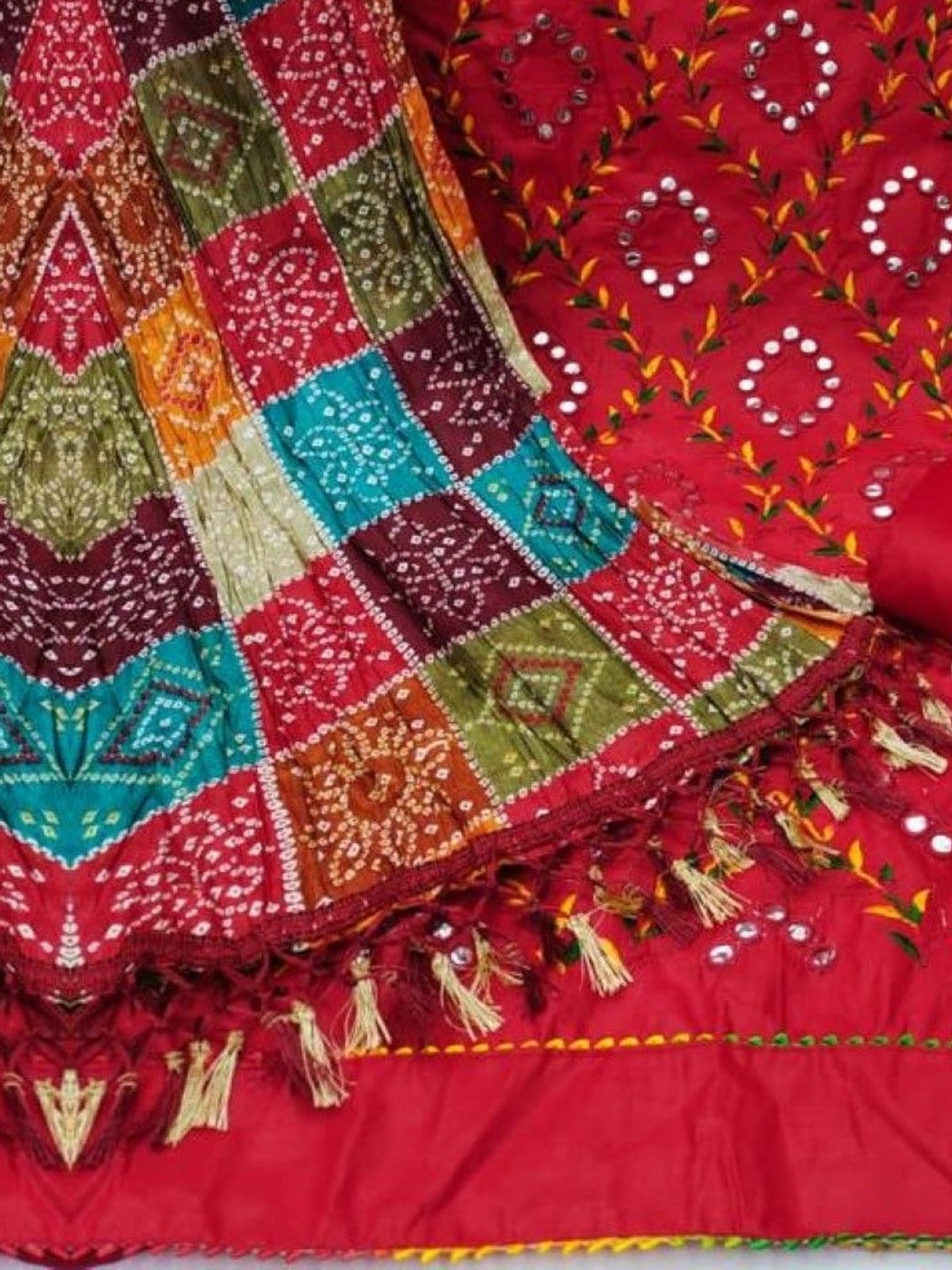 Peachmode Red Cotton Unstitched Dress Material With Mirror Work And Bandhani Print Dupatta - Image 5