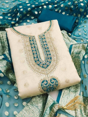 Peachmode Teal Butti Weaving Shimmer Unstitched Dress Material With Cording Embroidery On Neck - Image 1