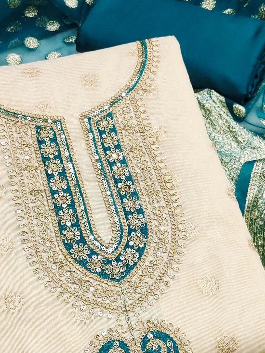 Peachmode Teal Butti Weaving Shimmer Unstitched Dress Material With Cording Embroidery On Neck - Image 4