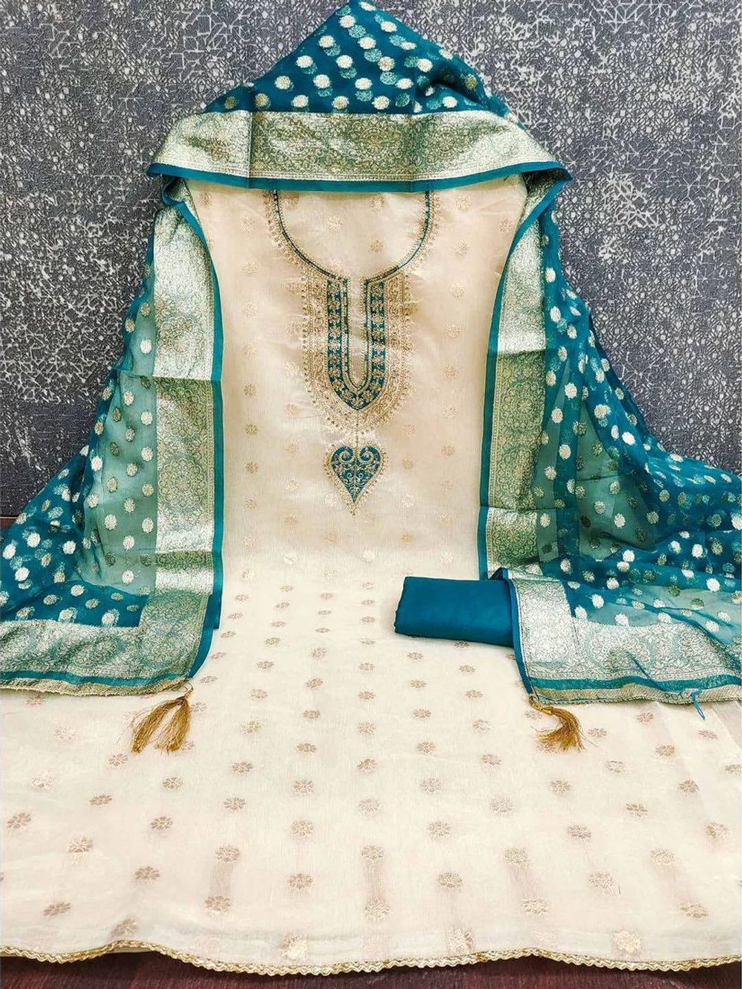 Peachmode Teal Butti Weaving Shimmer Unstitched Dress Material With Cording Embroidery On Neck - Image 5