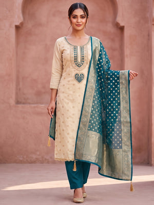 Peachmode Teal Butti Weaving Shimmer Unstitched Dress Material With Cording Embroidery On Neck - Image 2