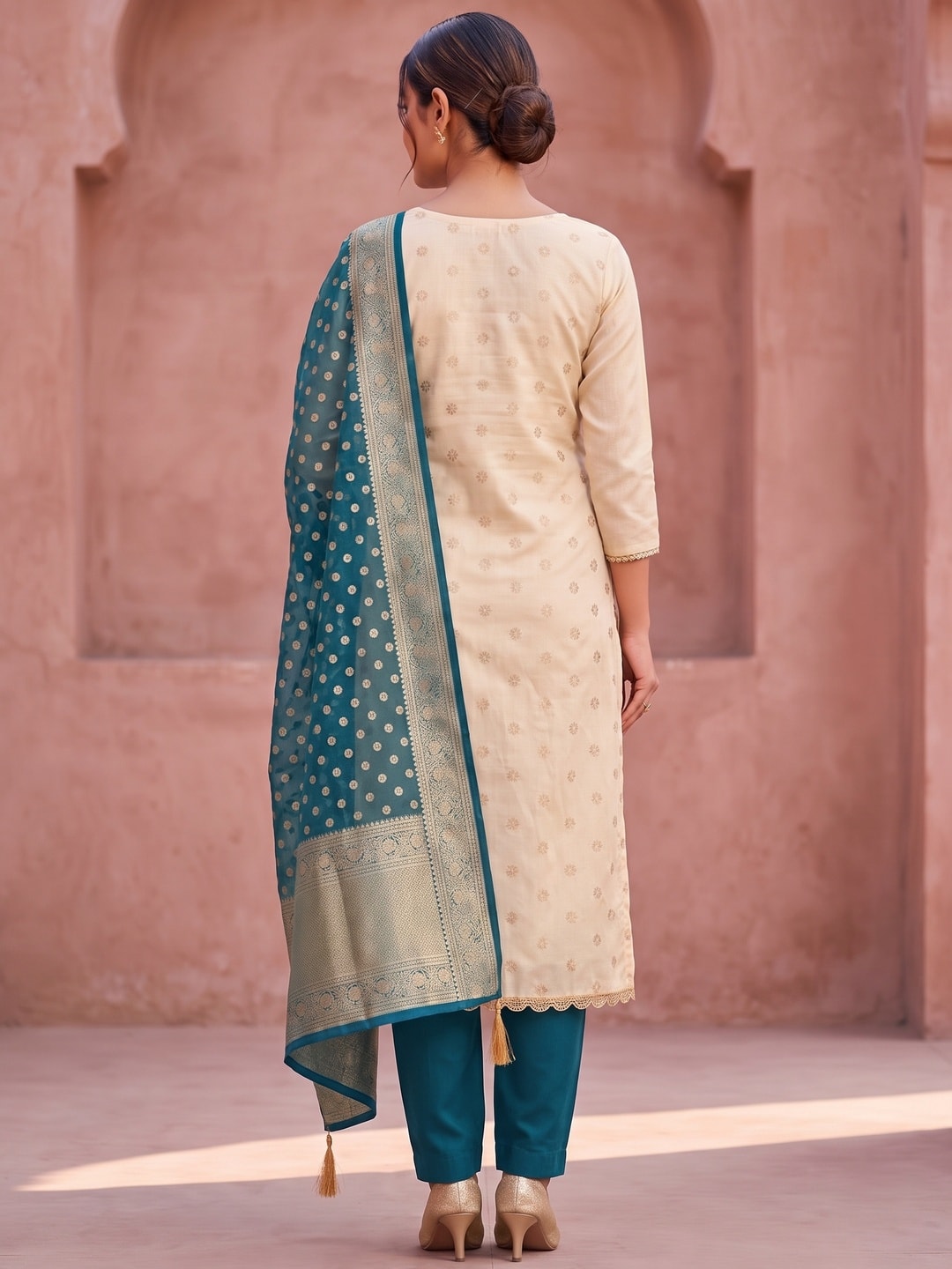 Peachmode Teal Butti Weaving Shimmer Unstitched Dress Material With Cording Embroidery On Neck - Image 3