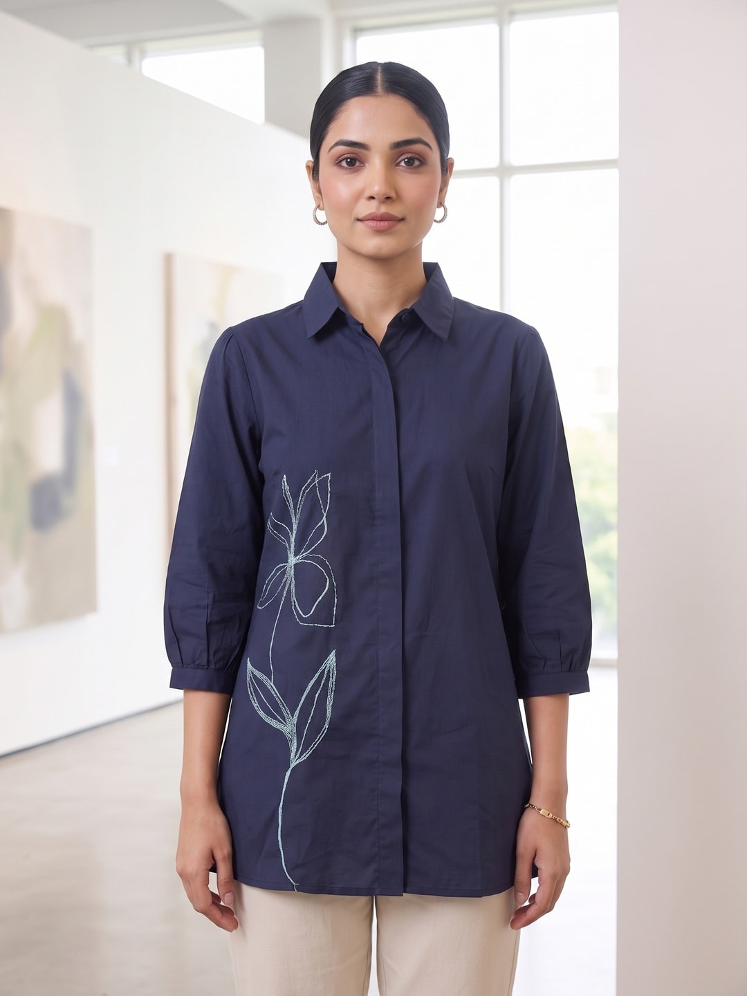 Peachmode Navy Pure Cotton Co-ord Set With Mint Leaf Line Embroidery - Image 5