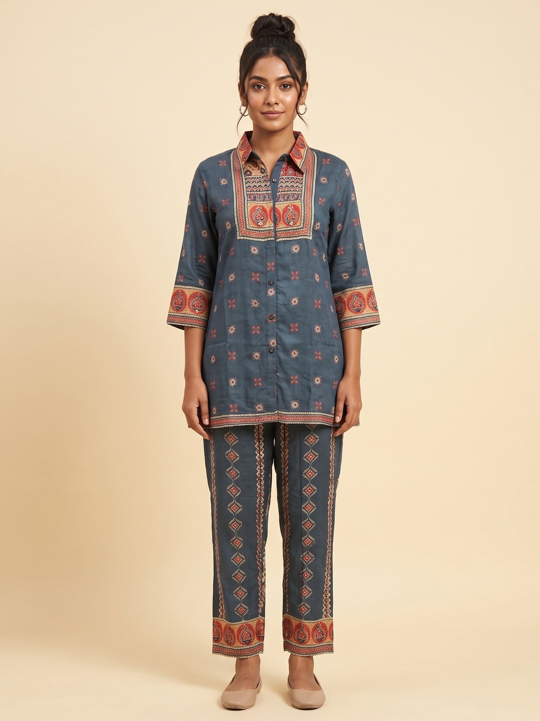 Peachmode Blue Muslin Co-ord Set With Multicolour Printed Yoke - Image 1