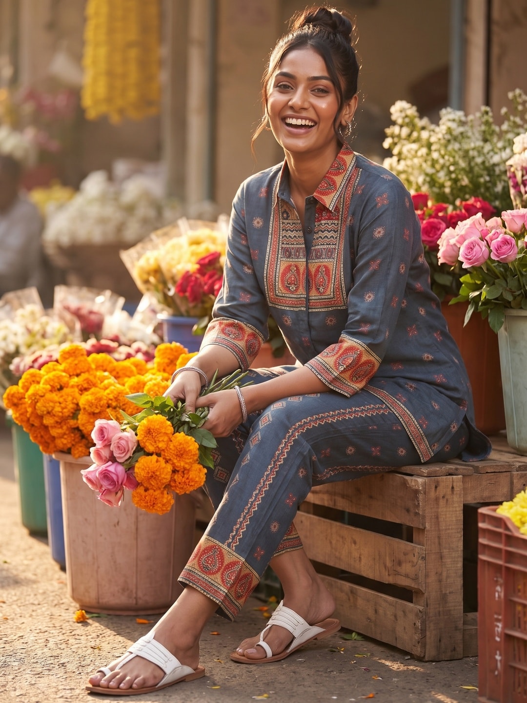 Peachmode Blue Muslin Co-ord Set With Multicolour Printed Yoke - Image 2