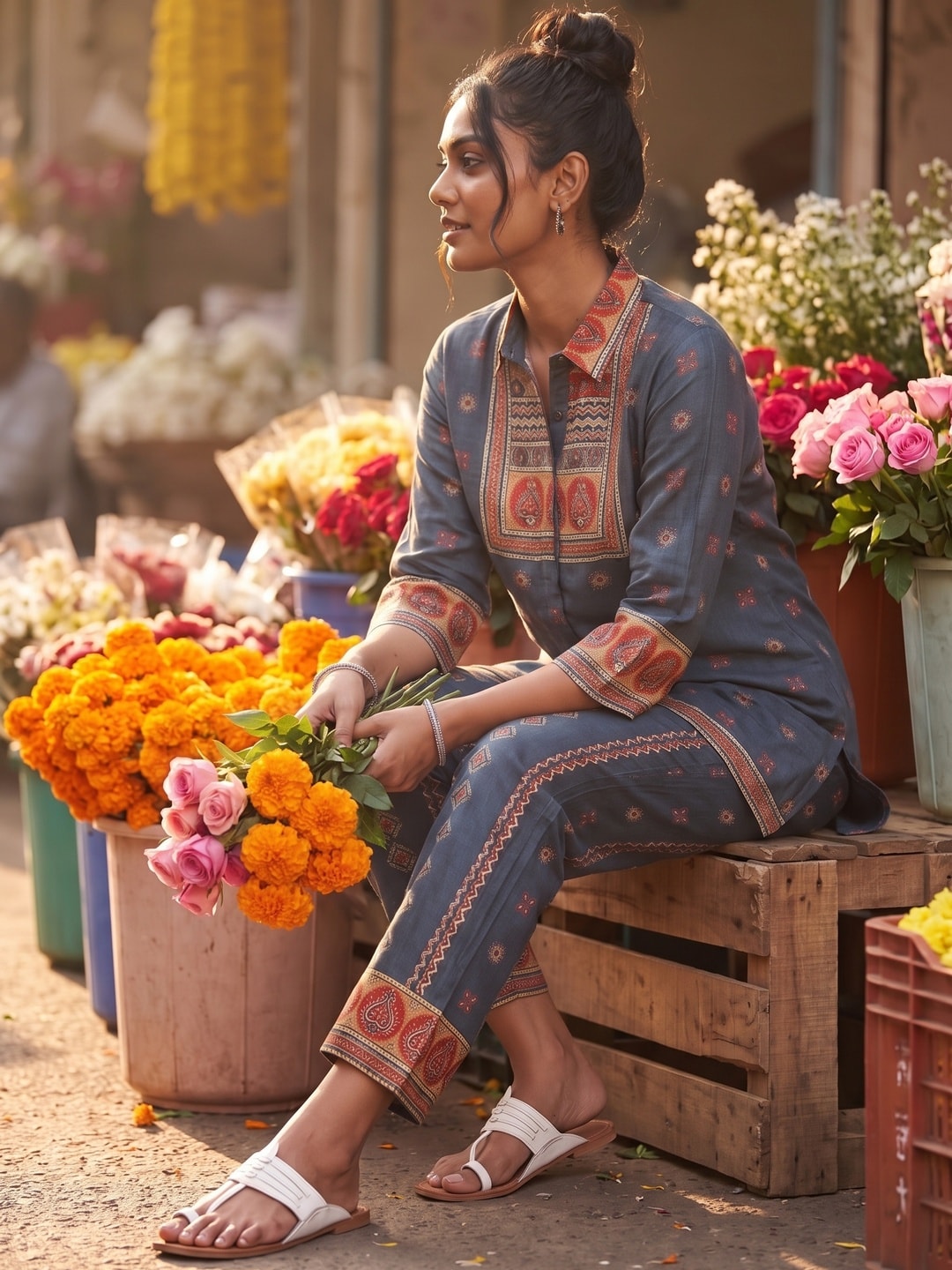 Peachmode Blue Muslin Co-ord Set With Multicolour Printed Yoke - Image 3