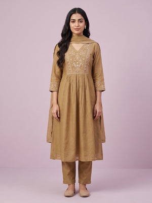 Peachmode Tan Chanderi Floral Embroidered Yoke Salwar Suit - Image 1