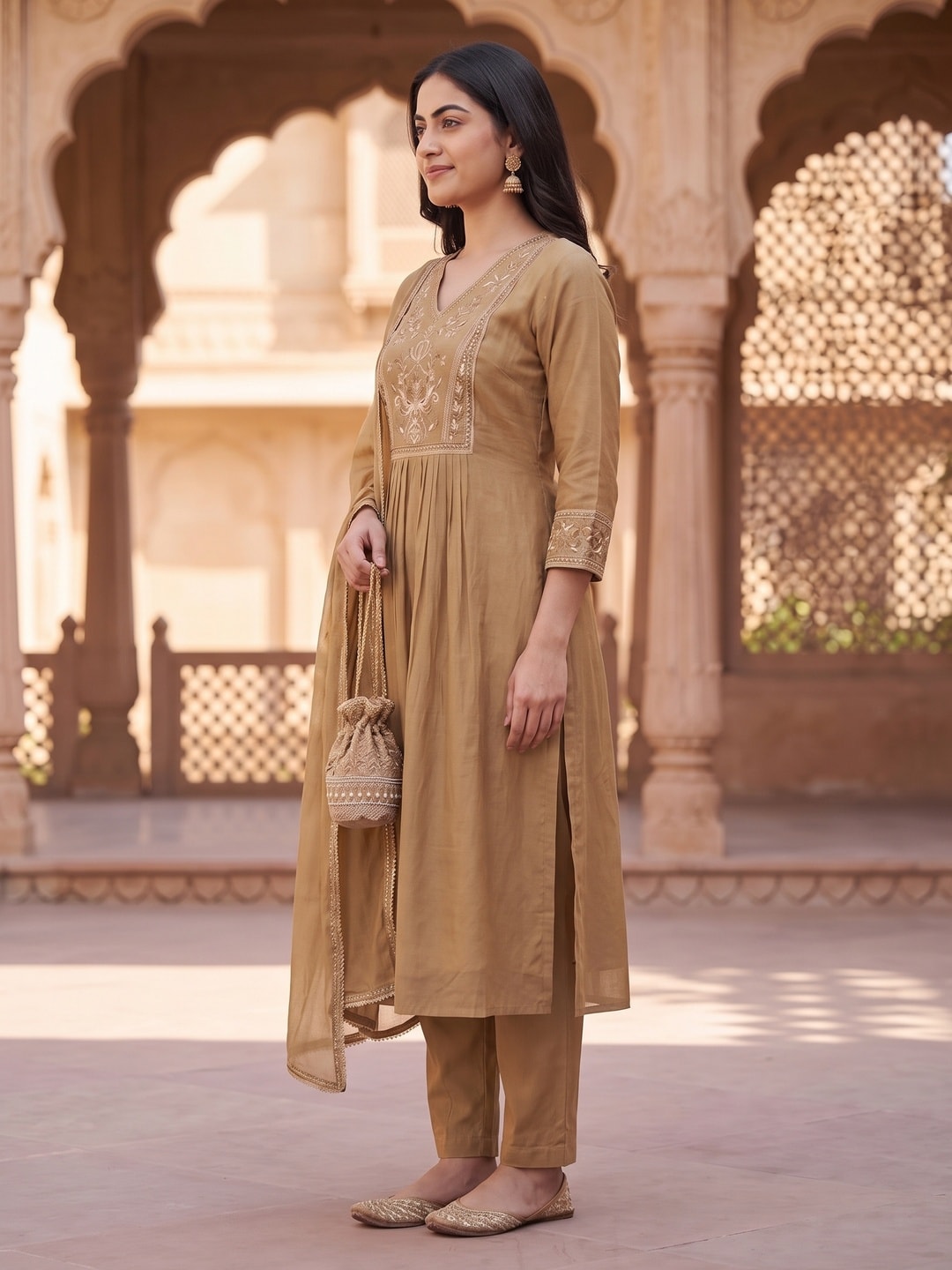 Peachmode Tan Chanderi Floral Embroidered Yoke Salwar Suit - Image 3